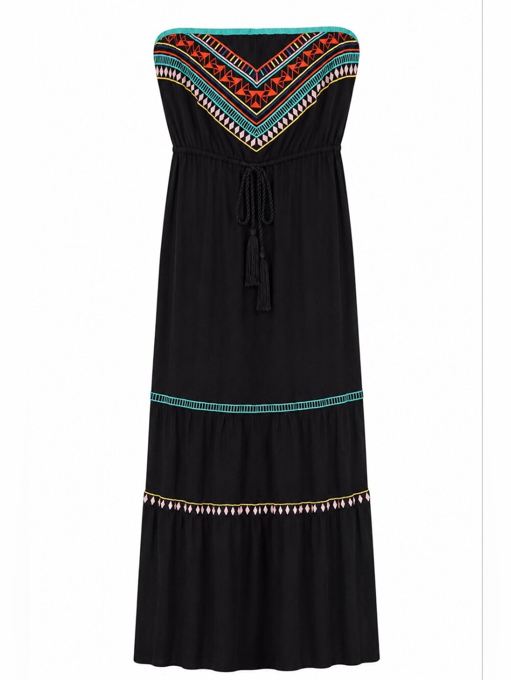 Flying Tomato Strapless Boho Maxi Dress Size L Black Embroidered Tribal Print - Picture 2 of 11
